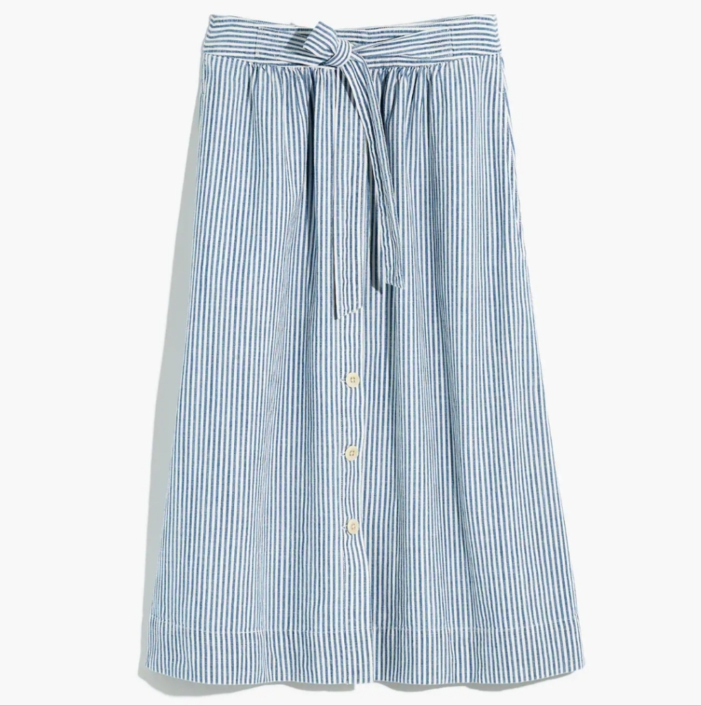 Madewell Tie Palisade Button Front Pilar Stripe Midi Skirt Size 6 Pockets